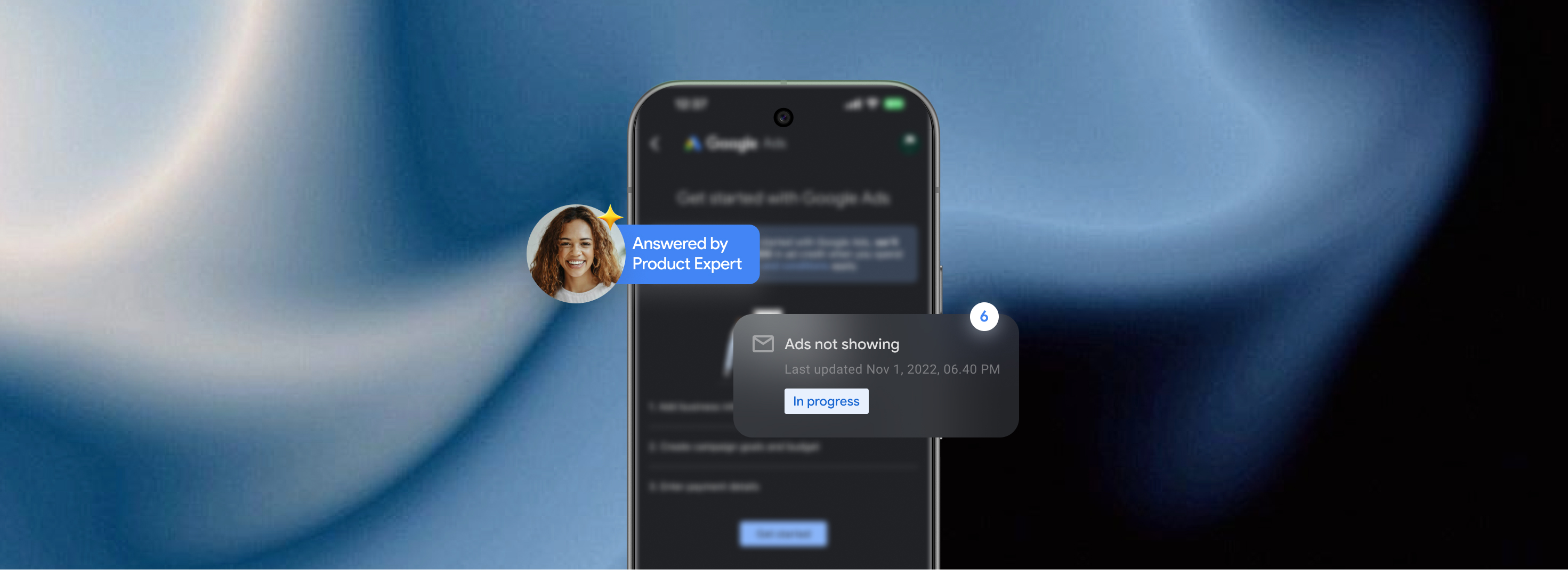 Cases and Communities in Ads — phone with Product Expert answer badge and 'Ads not showing' case in progress